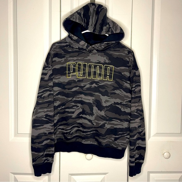 Puma Cropped Oversized Hoodie Camouflage Size Small Womens Athleisure Black Gray - Picture 1 of 6